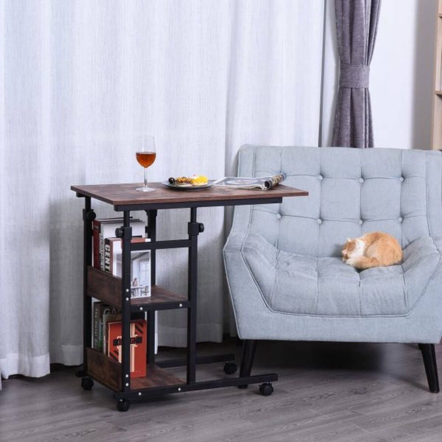 ZAZA Home Zijzijsontsluiting met rollen in hoogte verstelbare nachtkastje met 2 onderste planken metaal zwart 80x40x72-82 cm