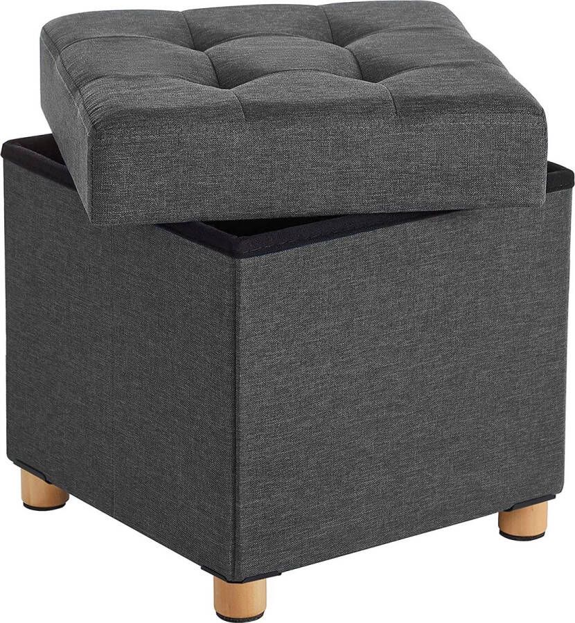 ZAZA Home Zitkist poef voetenbank met opbergruimte en deksel met houten poten 38 x 38 x 40 cm donkergrijs