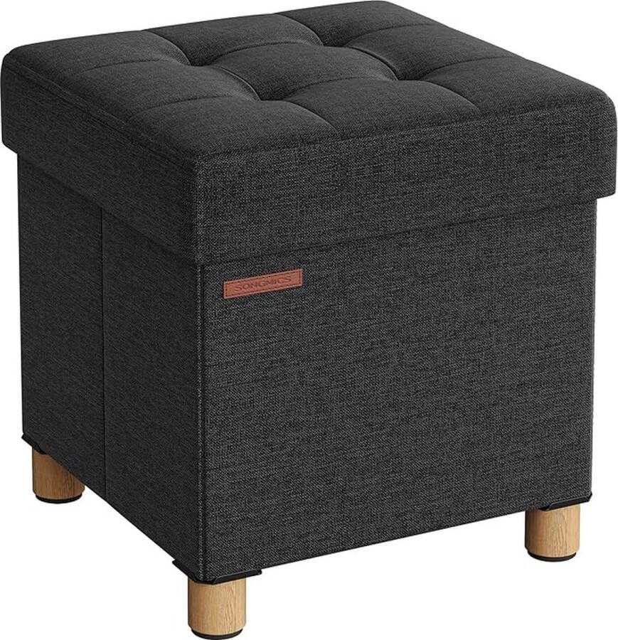 ZAZA Home Zwarte Poef Zitkruk inclusief opbergbox kruk met houten poten en opvouwbaar 38x38x40cm