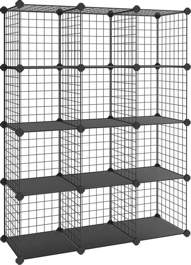ZAZA Home İnhaakplank roosterplank doe-het-zelf kubusplank 12 vakken voor speelgoed schoenen boeken uitbreidbaar zwart