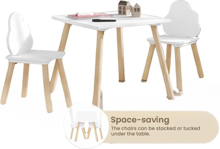 ZCNR Kindertafel Met 2 Stoelen Eethoek Set Wolk Rugleuning Massief Hout Wit