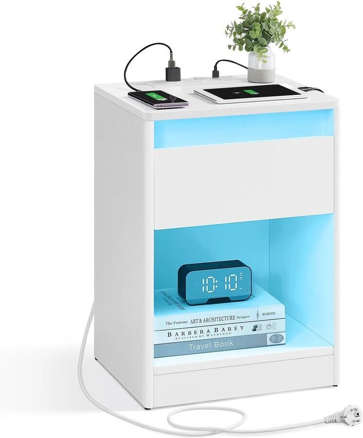 ZCNR Nachtkastje Verstelbare Led- Verlichting Bijzettafel Stopcontacten Lade 2 Ac Sockets 2 Usb-Poorten Wit