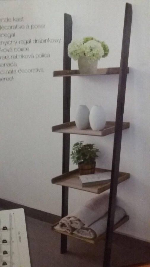 ZD Trading Relaxdays- ladderrek bamboe-decoratieve leunende kast-- rek 4 planken wandrek houten rek zwart bamboe- 168 x 42 x 36 5 cm