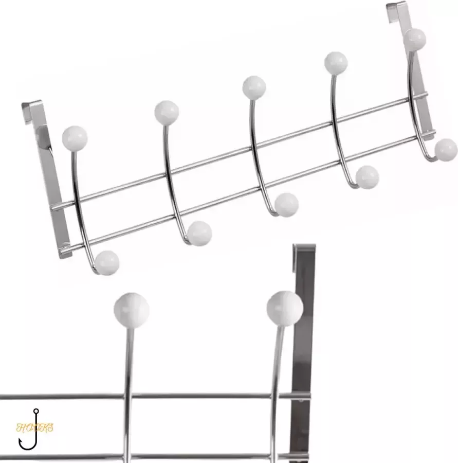 Zeller 2x Zilver witte deur kapstokken met 5 haken 48 cm Woonaccessoires Kleding jassen ophangen Handdoeken ophangen Deur kapstokken