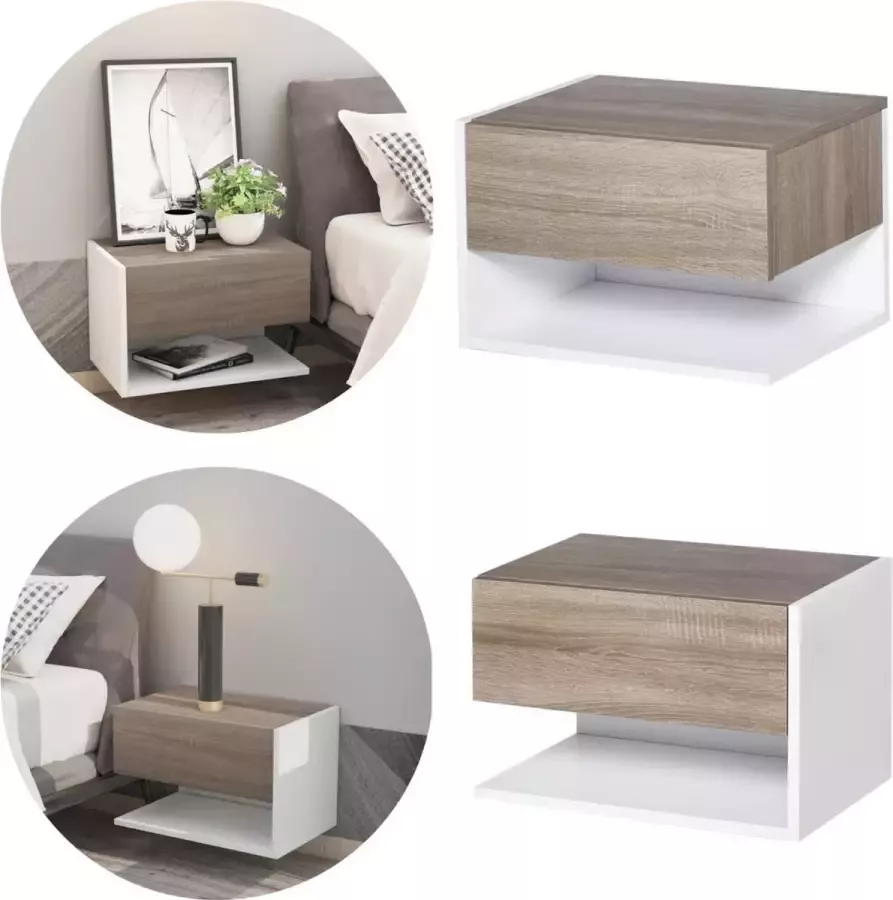 NiceGoodz Nachtkastjes set van 2 Nachtkastje zwevend Nachtkastje Nachtkast Met lade Wandmontage Wit Noten