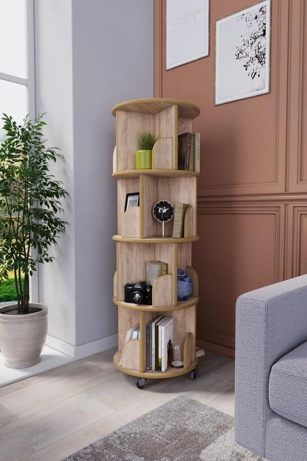 Zeo Wood Boekenkast Industrieel Boekenkast met Wielen Boekenkast Kind Boekenrek Houtkleur 360° draaibaar 4 Laag