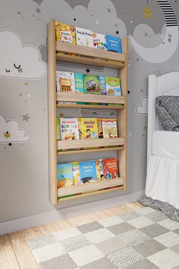 Zeo Wood Boekenkast Kind Boekenrek Kind Boekenrek Kinderkamer Kinderboekenkast Montessori Boekenkast 4 Niveaus Houtkleur