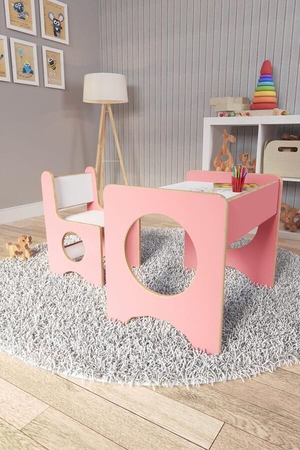 Zeo Wood Kindertafel en Stoeltjes Speeltafel Kindertafel met Stoeltjes Kinderbureau Montessori Kindertafel Roze