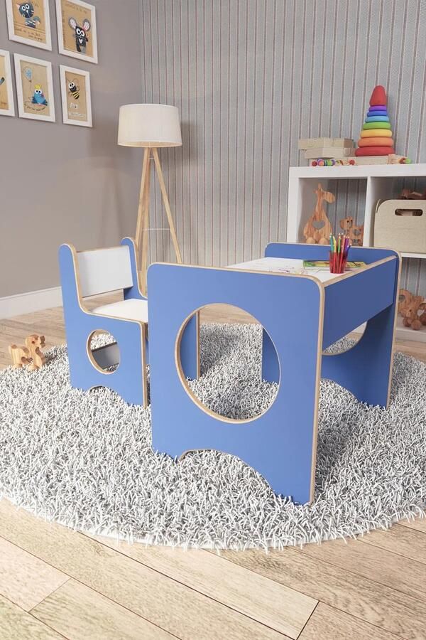 Zeo Wood Kindertafel en Stoeltjes Speeltafel Kindertafel met Stoeltjes Kinderbureau Montessori Kindertafel Blauw