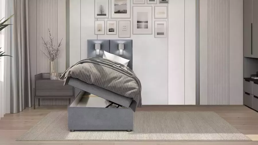 Zetelsenbedden.be Boxspring Bed Palma met opbergruimte en Led verlichting 90x200 cm compleet bed met storage eenpersoons