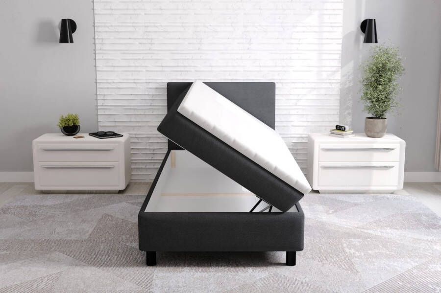 Zetelsenbedden.be Boxspring Compleet Met opbergruimte Erolla 90x200 cm eenpersoons zwart stof zetelsenbedden Compleet bed met matras en topper bed storage