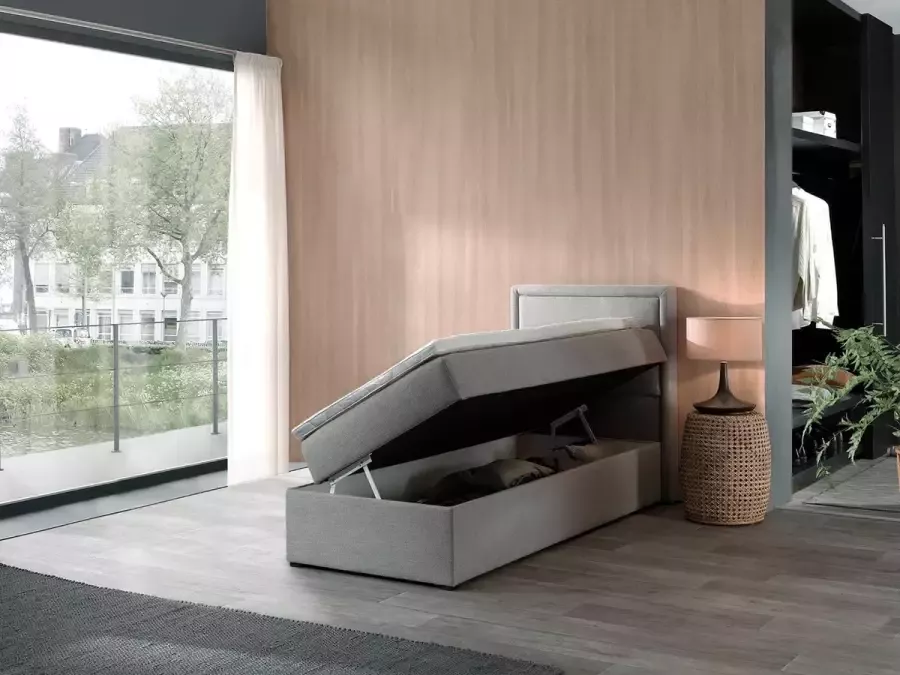 Zetelsenbedden.be Boxspring Compleet met Opbergruimte Soro 90x200 cm éénpersoonsbed Grijs stof compleet bed met storage
