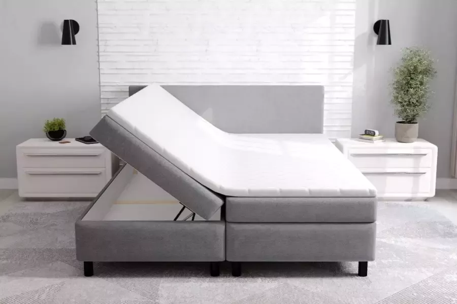 Geen merk Boxspring Met opbergruimte Erolla 160x200 cm grijs stof zetelsenbedden.be Compleet bed met matras en topper bed storage