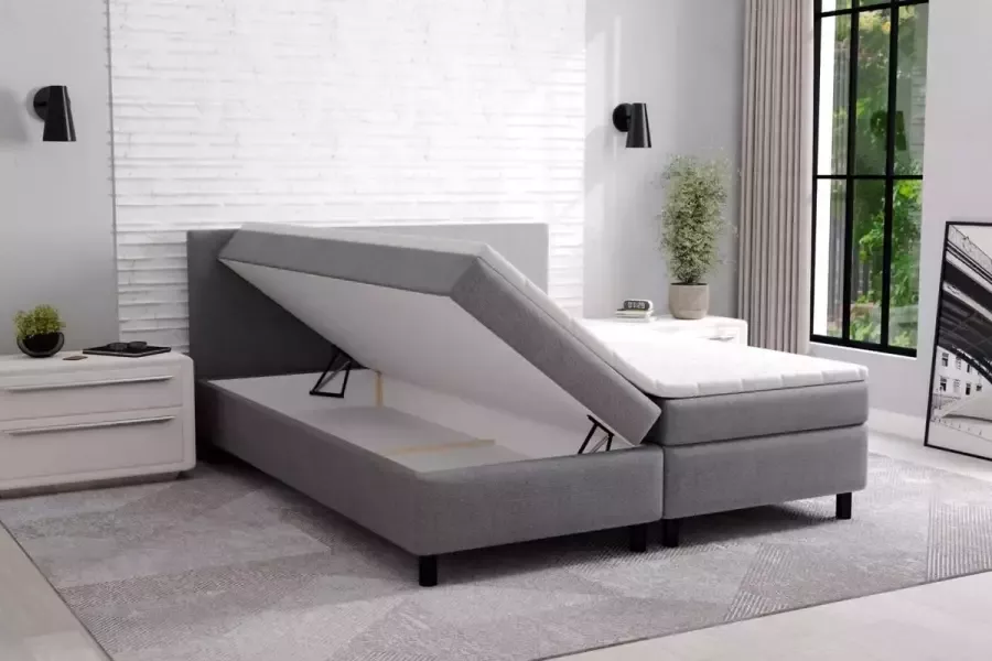 Geen merk Boxspring Met opbergruimte Erolla 180x200 cm grijs stof zetelsenbedden.be Compleet bed met matras en topper bed storage