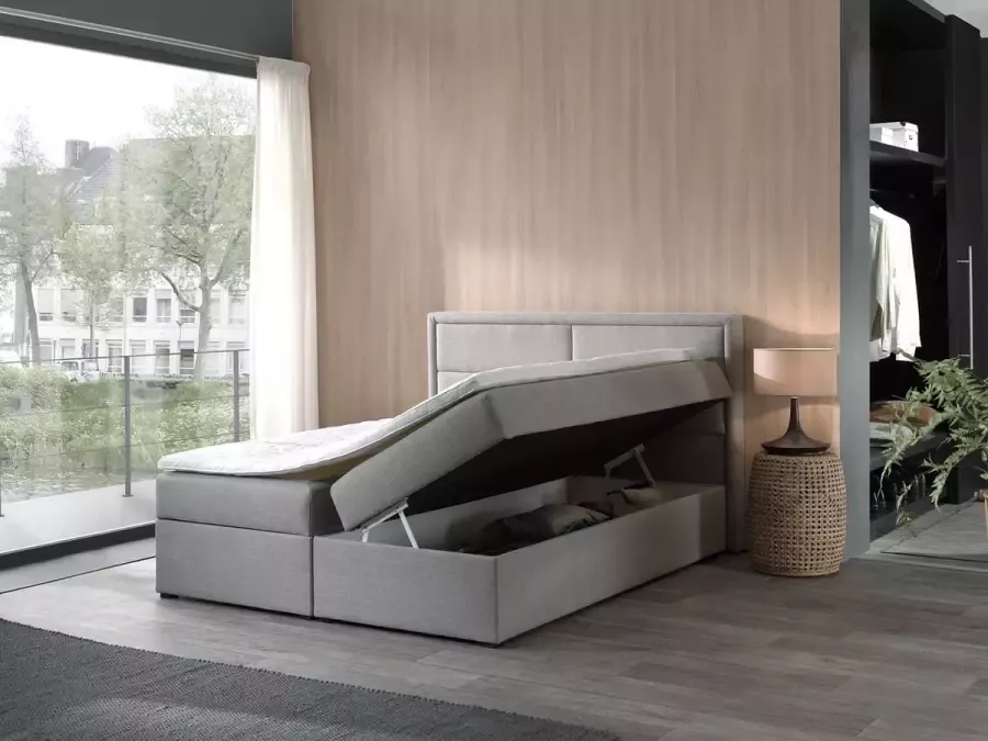 Zetelsenbedden.be Boxspring Met opbergruimte Grijs 140x200 grijs stof Boxspring compleet met Vaste matras en topper Soro Bed met opbergruimte