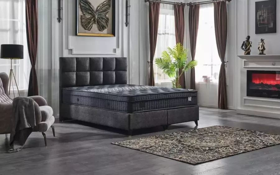 Geen merk Boxspring Gilles 90x200 cm- met opbergruimte matt velvet taupe Compleet Bed Set inclusief topper