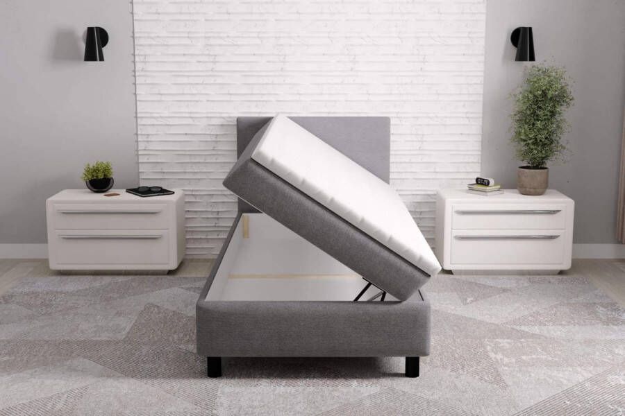 Geen merk boxspring promo- 90x200cm- grijs stof- met opbergruimte- met matras en topper- zetelsenbedden