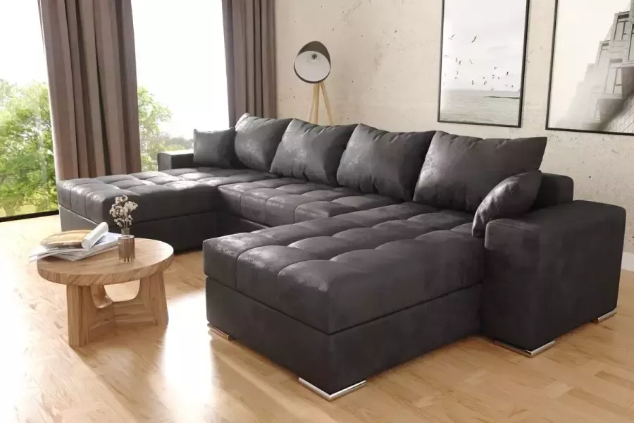 Geen merk Hoekbank Best U Vorm vintage Zwart afkuisbare microvezelstof Hoeksalon met bed en opbergruimte Hoekzetel wooneiland' met slaapfunctie en storage