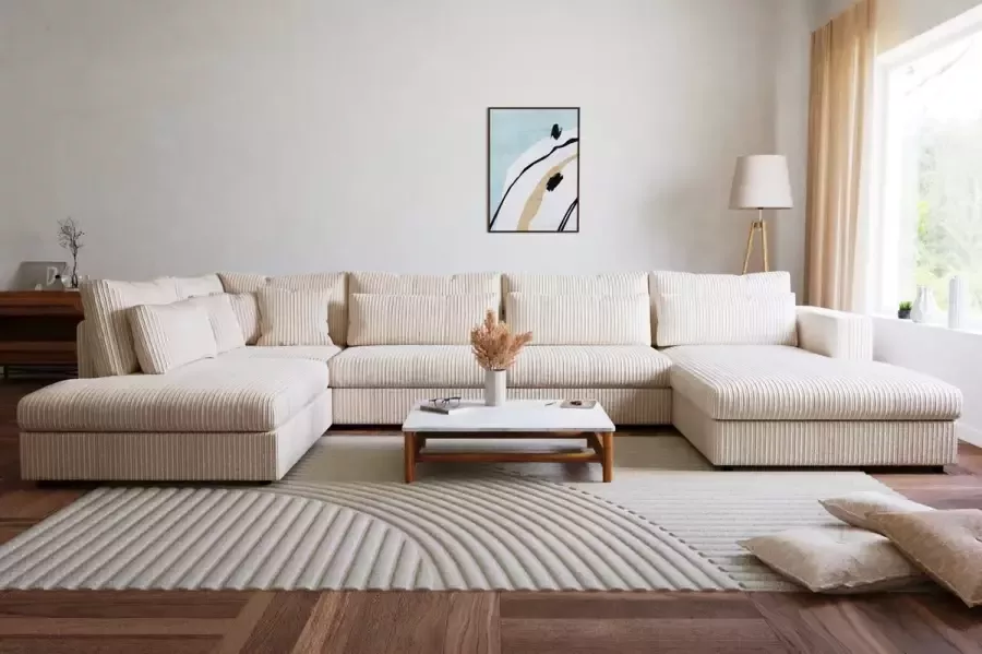 Geen merk Hoekbank Comfy U xxl wooneiland comfy rechts beige corduroy Ribstof luxe grote hoeksalon met luxe comfort hoekzetel zetelsenbedden
