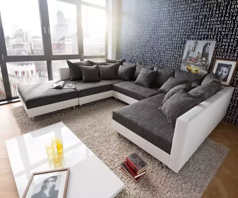 Geen merk Hoekbank Denver U met hocker poef Wit+Zwart Hoeksalon met poef voor grote wooneiland