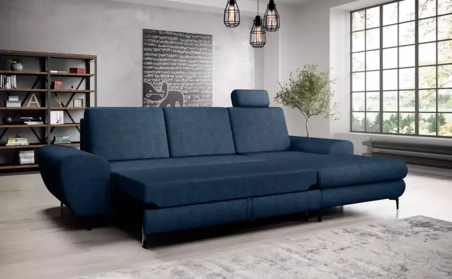 zetelsenbedden.be Hoekbank Forest Blue Velvet hoeksalon met bed en opbergruimte