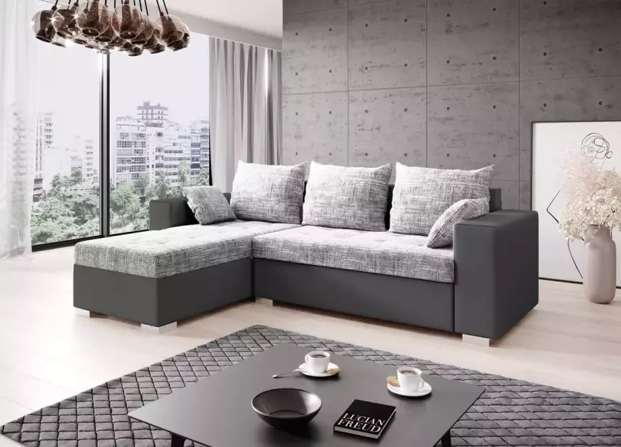 Geen merk Hoekbank Merze Grey universele lounge links of rechts Hoeksalon Merze met bed en opbergruimte Hoekzetel met slaapfunctie en storage universele lounge links of rechts