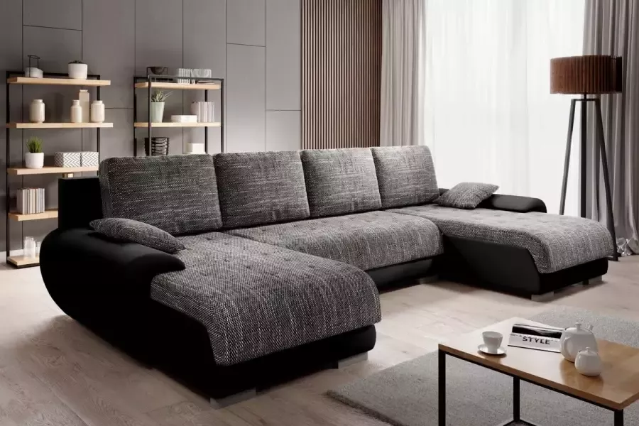 Zetelsenbedden.be Hoekbank Leon U wooneiland Zwart grijs Hoeksalon met slaapfunctie en opbergruimte xl - Foto 2