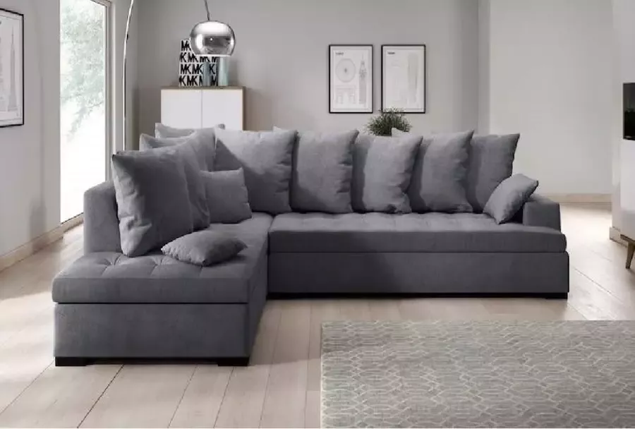 Zetelsenbedden.be Hoekbank Lisa Links donkergrijs stof hoeksalon landelijk met kussens hoekzetels zetelsenbedden