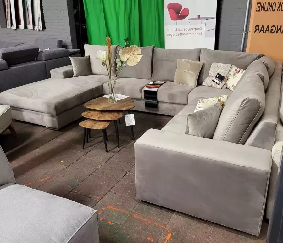 Geen merk Hoekbank Rosa U vorm Beige taupe Matt velvet Hoeksalon Wooneiland lounge Links