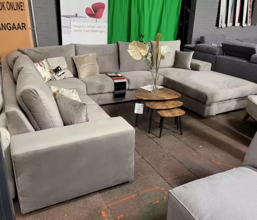 Geen merk Hoekbank Rosa U vorm Beige taupe Matt velvet Hoeksalon Wooneiland lounge Rechts