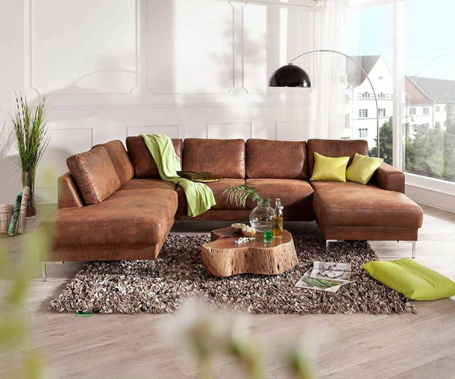 Geen merk Hoekbank Silvia U Micro afkuisbare stof Vintage Bruin Hoeksalon U vormig wooneiland Rechtse kort ottomane - Foto 2