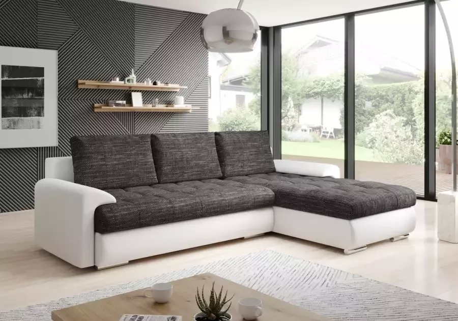 Zetelsenbedden.be Hoekbank Tokio Wit en Grijs Hoeksalon Met opbergruimte en Bedfunctie Hoekzetels seatsandbeds.be Universele lounge links of rechts
