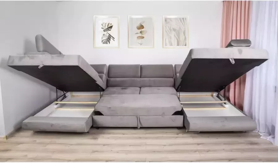 Zetelsenbedden.be Hoekbank U vorm Willy Hoeksalon microvezel pet proof Beige hoekzetel met bedfunctie en dubbele opbergruimte Wooneiland XL - Foto 3