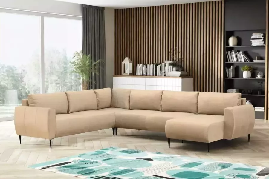 Geen merk Hoekbank Fador Compacto Velvet Grijs Hoeksalon met bedfunctie universele lounge opstelling links of rechts hoekzetel seatsandbeds