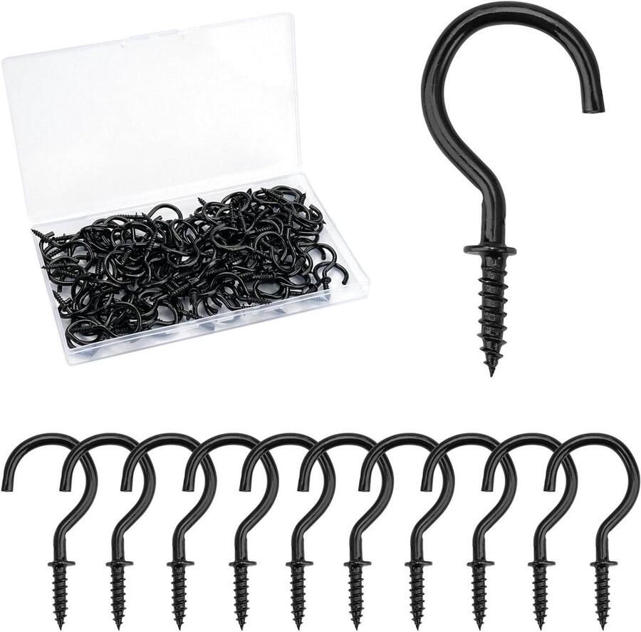 Allecto Plus 120 stuks Zwart Carbon Stalen Schroefhaken 38mm voor Hangmatten en Luifels; Roestvrij Stalen Haken; Geschikt voor Hangstoelen Set van Haken met Sleutels