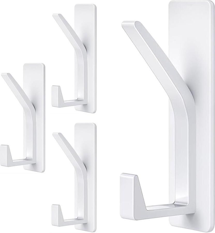 Allecto Plus 4 stuks witte zelfklevende metalen kapstokhaken voor badkamer en keuken zware wandhaken met dubbele haak ontwerp slaapkameraccessoires zonder spijker
