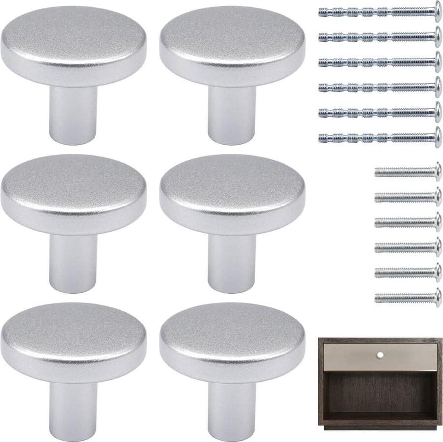 Allecto Plus 6-pack Zilveren Kastdeurknoppen met Ronde Knoppen en Handgrepen Geborsteld Nikkel 22mm 45mm schroeven Meubelknoppen Kastknoppen Handgrepen Zilveren Metalen 30 * 25 mm