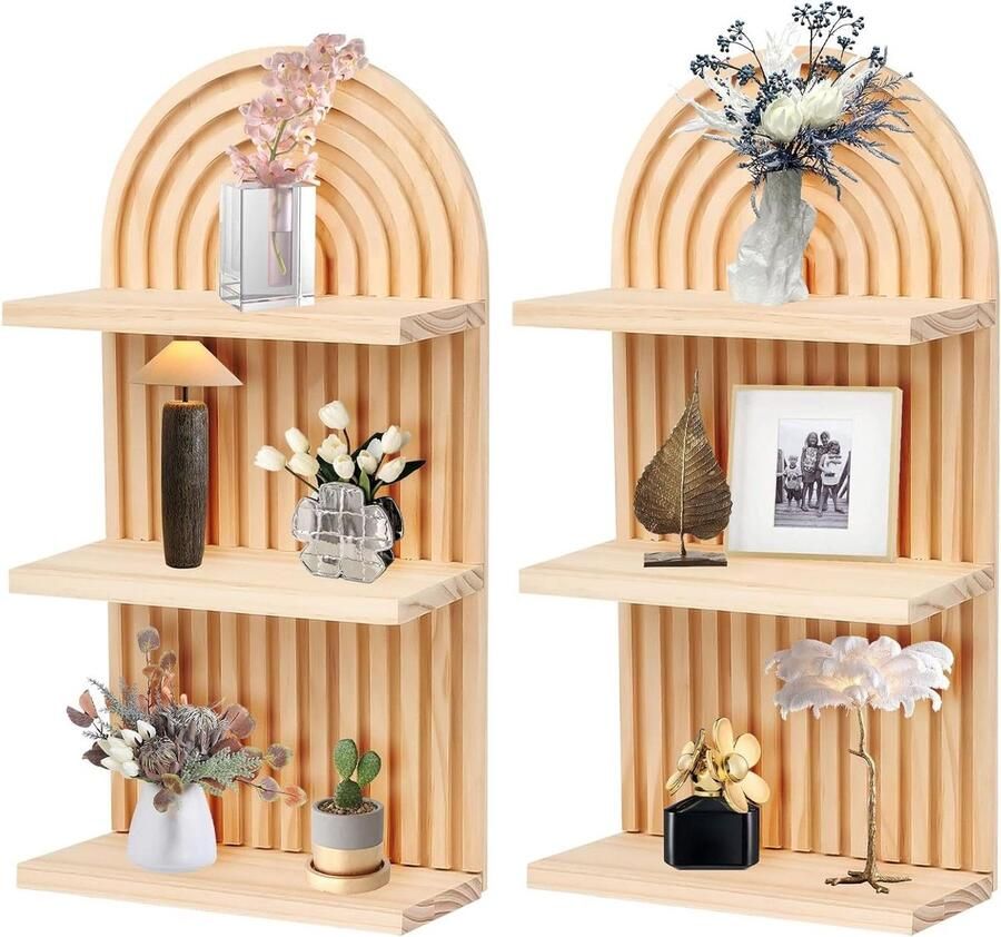 Allecto Plus: Set van 2 Boheemse houten wandplanken met gebogen gestreepte panelen en zwevende planken Wanddecoratie voor potten boeken kaarsen Kinderkamer slaapkamer keuken Natuurlijk 3 niveaus