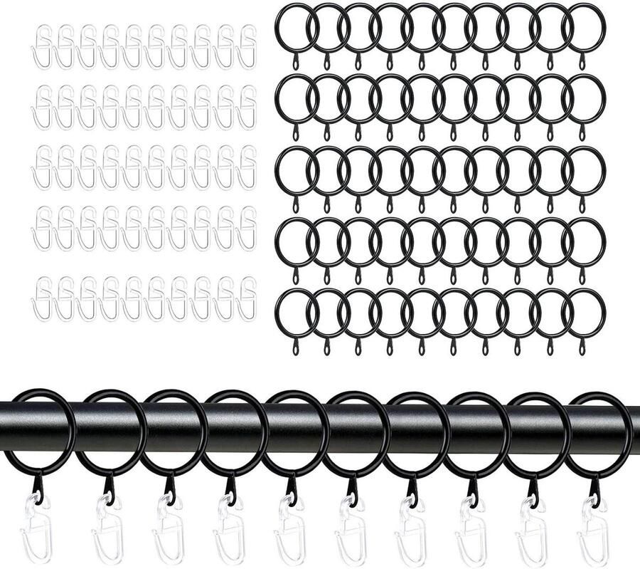 Zeynomax Decoratieve gordijnringen en haken Set van 50 stuks Geschikt voor raam- bed- en douchegordijnen Zwart en transparant 30 mm