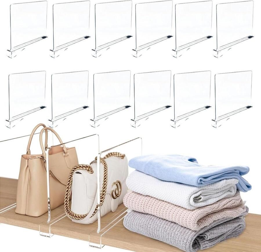 Inovra Plus Doorzichtige Acryl Plankverdelers Set van 12 stuks Kledingkast Organisatie Verstelbaar en Multifunctioneel Voor Slaapkamer en Keuken Boekenkast Accessoires