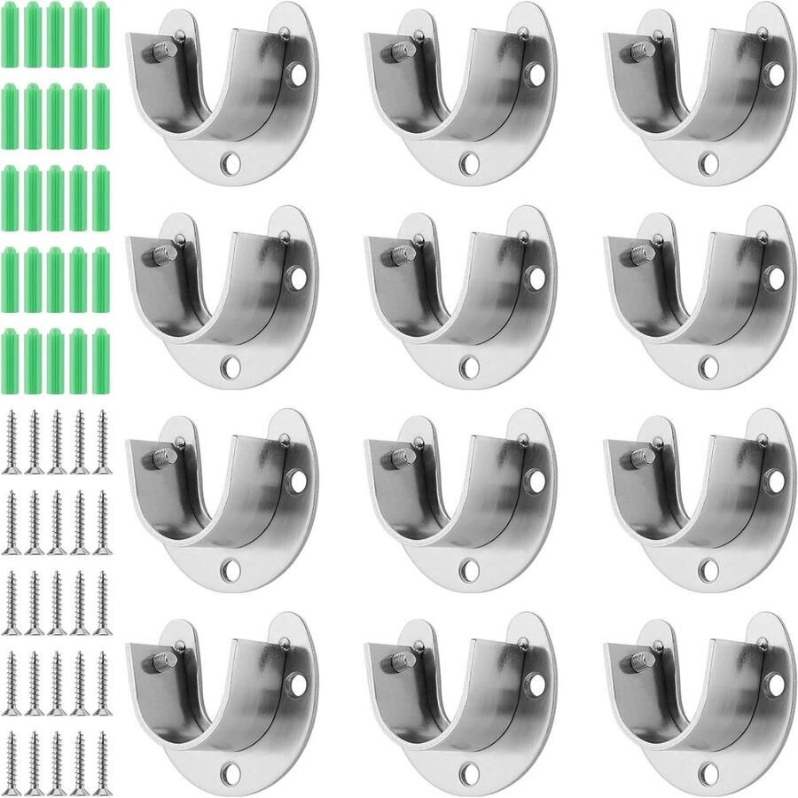 Inovra Plus Set van 12 stuks flensstanghouder voor kledingkast met roestvrijstalen U-vormige staafhouder voor gordijnen
