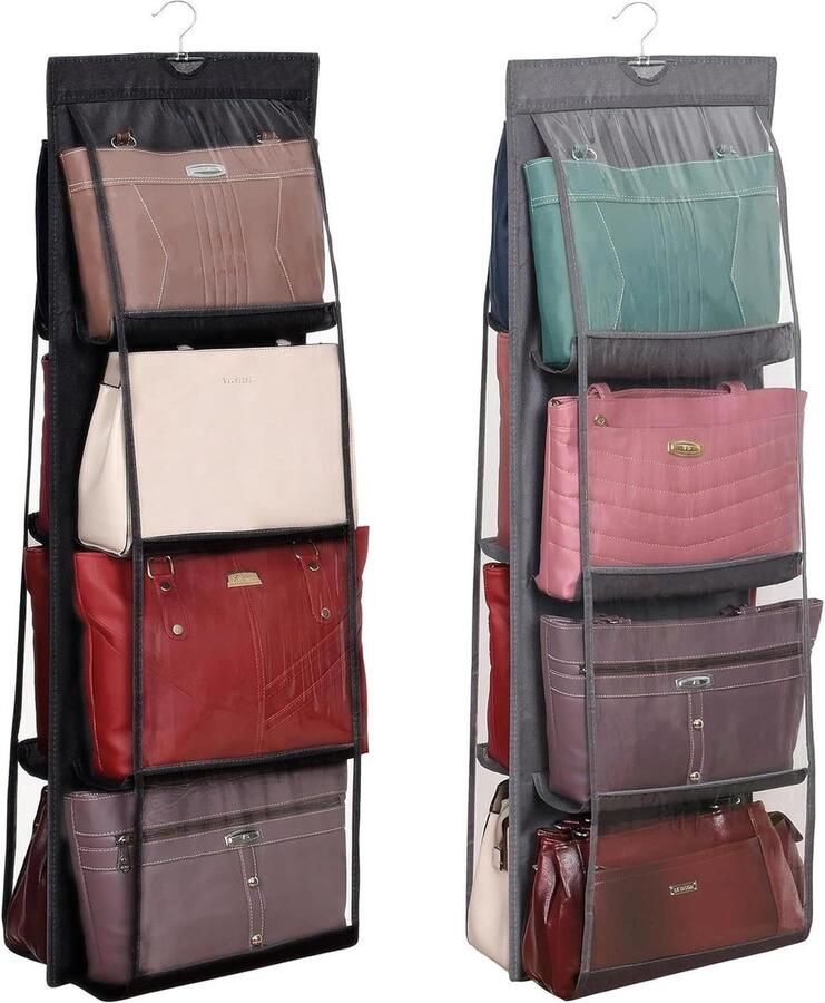 Allecto Plus Hangende Handtasorganizer voor Kledingkast Set van 2 Opbergoplossing met 8 Vakken Inclusief Sterke Haken Zwart en Grijs 35 x 110 cm