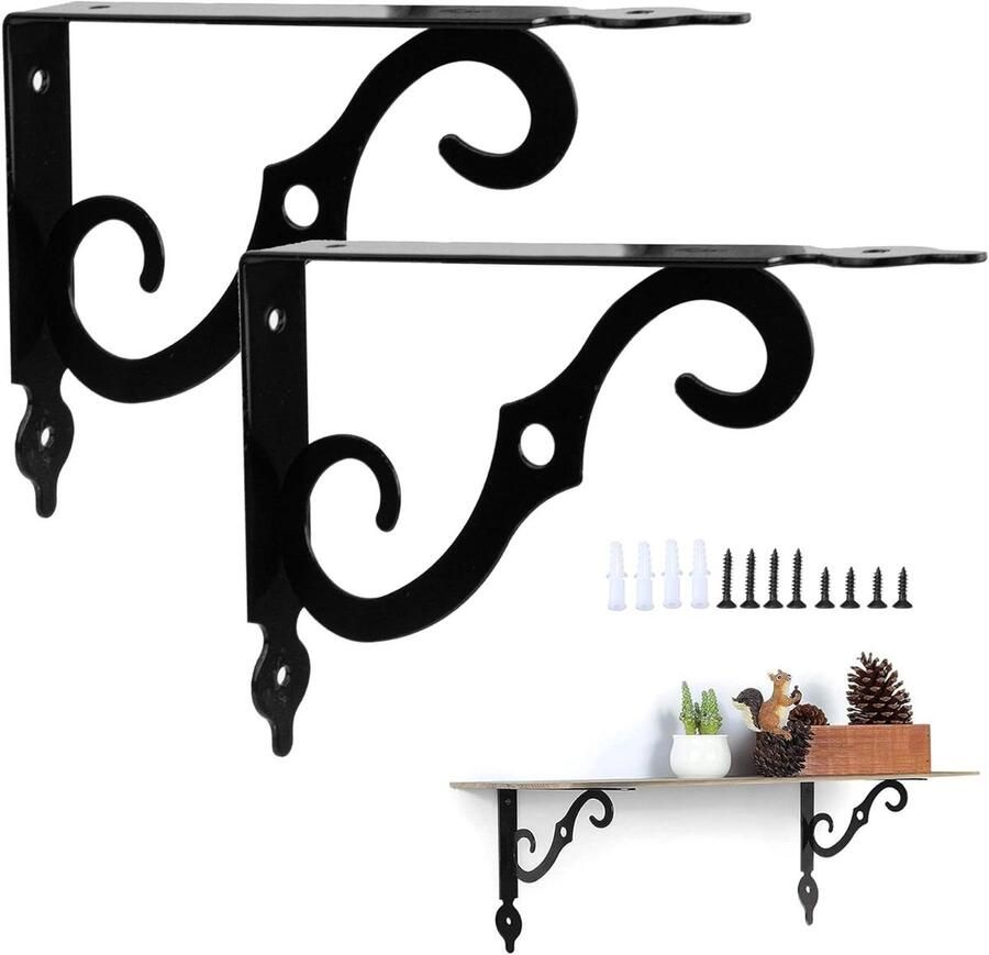 Allecto Plus Wandconsole Metalen Muurbevestiging Zwart 90 Graden Hoekplank Ondersteuning Driehoekige Wand Ondersteuning Plankhouder voor Doe-het-zelf Werkbank Boekenkast Keuken Woonkamer (2 stuks)
