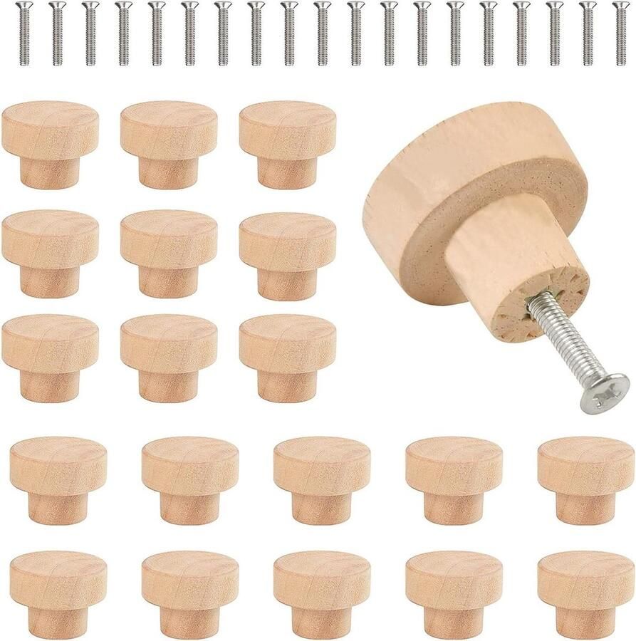 Zeynomax Houten Meubelknoppen 20 stuks Kast Ronde Deurklink Ongelakt 35 mm Laden Meubels Ovale Kastknoppen Commode Opknoping