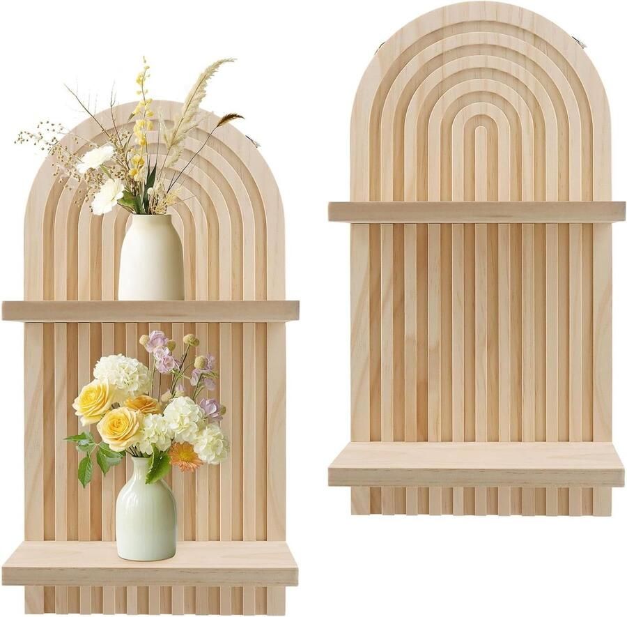 Inovra Plus Zwevende planken voor wanddecoratie in boogstijl set van 2 Houten planken voor woonkamer en badkamer Decoratieve hangplanken 40 x 20 x 11 cm