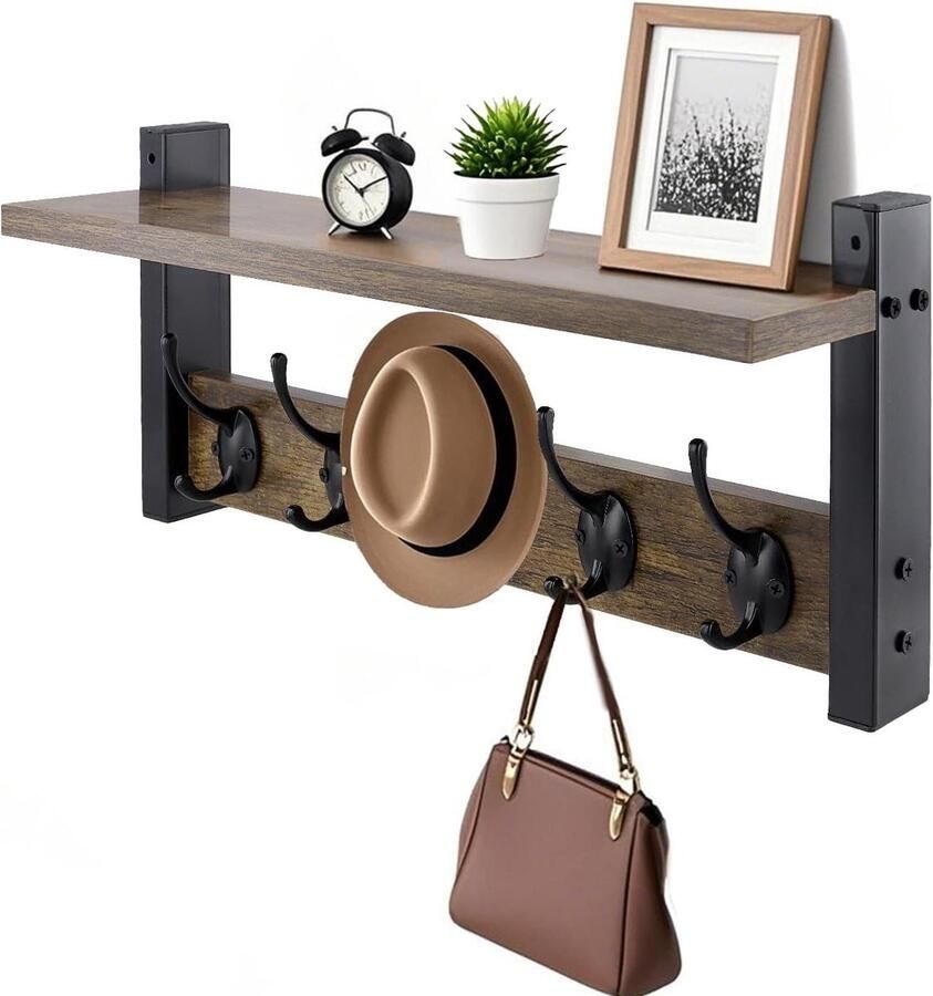 Inovra Plus Zwevende kapstok met plank en hoedenrek voor entree en slaapkamer Draagvermogen 40 kg 88 lbs Muurkapstok met 5 dubbele haken Decoratieve opslagoplossing Voor keuken slaapkamer en woonkamer