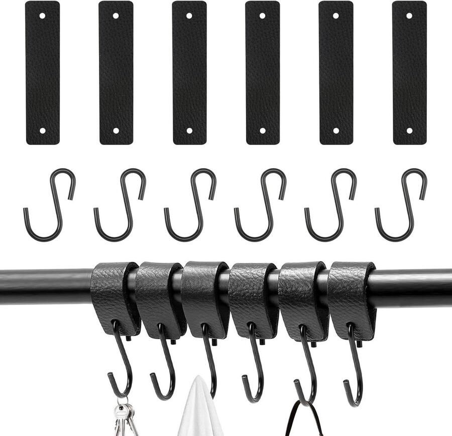 Allecto Plus 6 zwarte kapstokhaken met leren lus voor garderobestang S-haken 125 x 30 cm multifunctionele haken kledingstang sleutelhaken