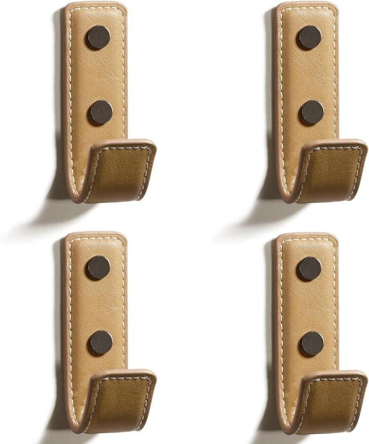 Allecto Plus Leren muurhaken (4 stuks) voor ophangen kapstokhaken muurbevestiging voor handdoeken tassen hoeden sjaals en sleutels Khaki Stijlvolle oplossing voor het organiseren van spullen in huis