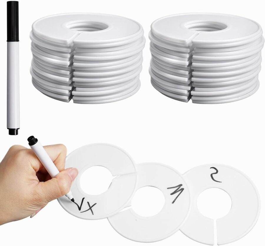 Allecto Plus 40 Stuks Ronde Kunststof Maatverdelers met Markeerstift Kledingrek Accessoires Grootteverdeler Herbruikbare Kledingmaatlabels Sorteren van Kledingmaten