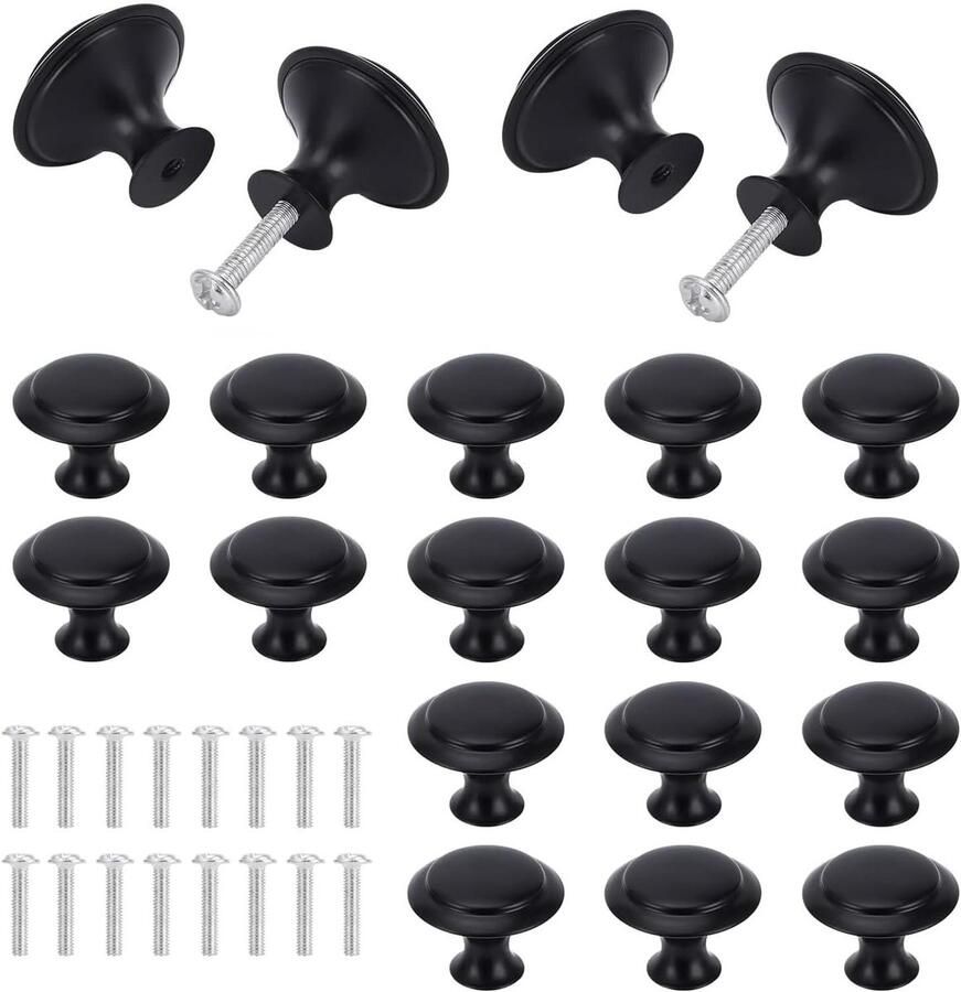 Allecto Plus Zwarte Ladeknop Set 16 Stuks Meubelknoppen Rond 30mm met Schroeven Voor Badkamer en Keukenkasten